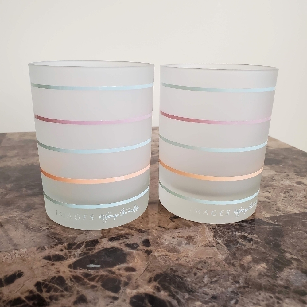 Vintage 1970 Rare Georges Briard Images Signed Set of 2 Striped Glass